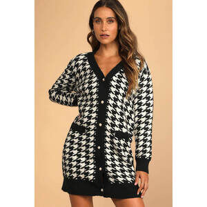 Lulus x LUSH Truly Iconic Black And White Houndstooth Cardigan Sweater Dress